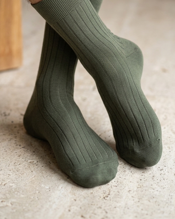 A close up image of a man wearing army green cotton socks