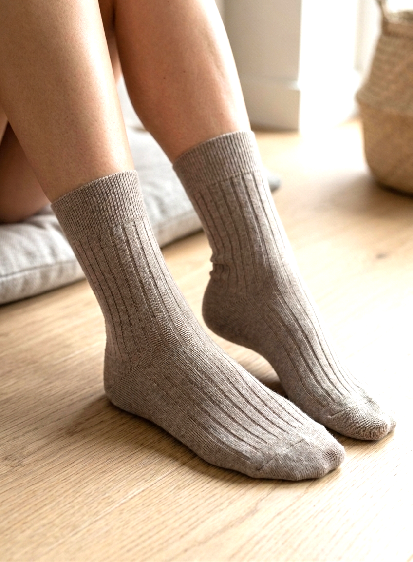 A close-up of a model wearing ribbed ankle socks in a warm taupe-colour made of cashmere and wool.