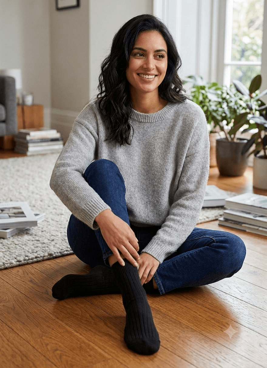 A woman sitting on a wooden floor in a cozy living room setting, wearing cotton with a hint of cashmere. Black ribbed socks.