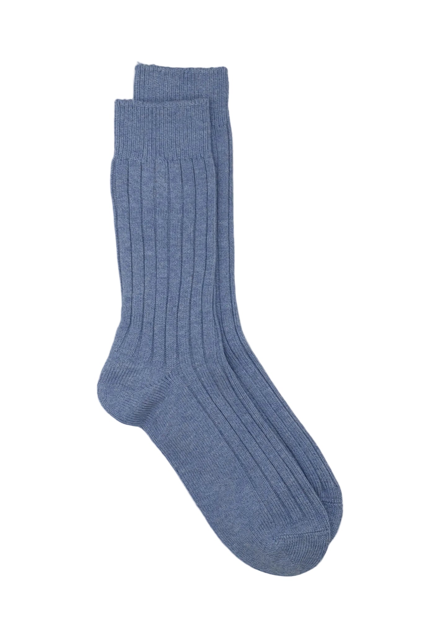 Pair of blue socks on a light gray background