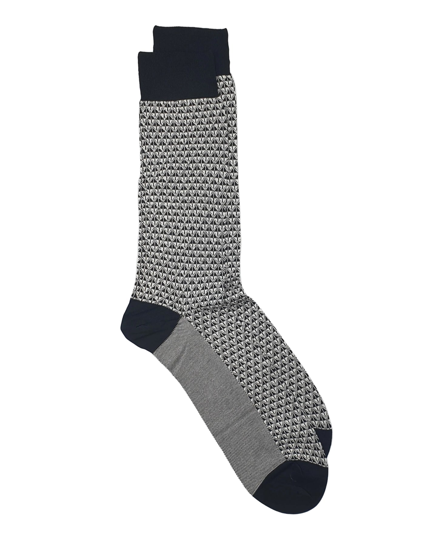 A premium cotton Jacquard sock with a black and white geometric pattern on the leg, a solid grey foot, and black toe, heel, and cuff sections, displayed against a light grey background.