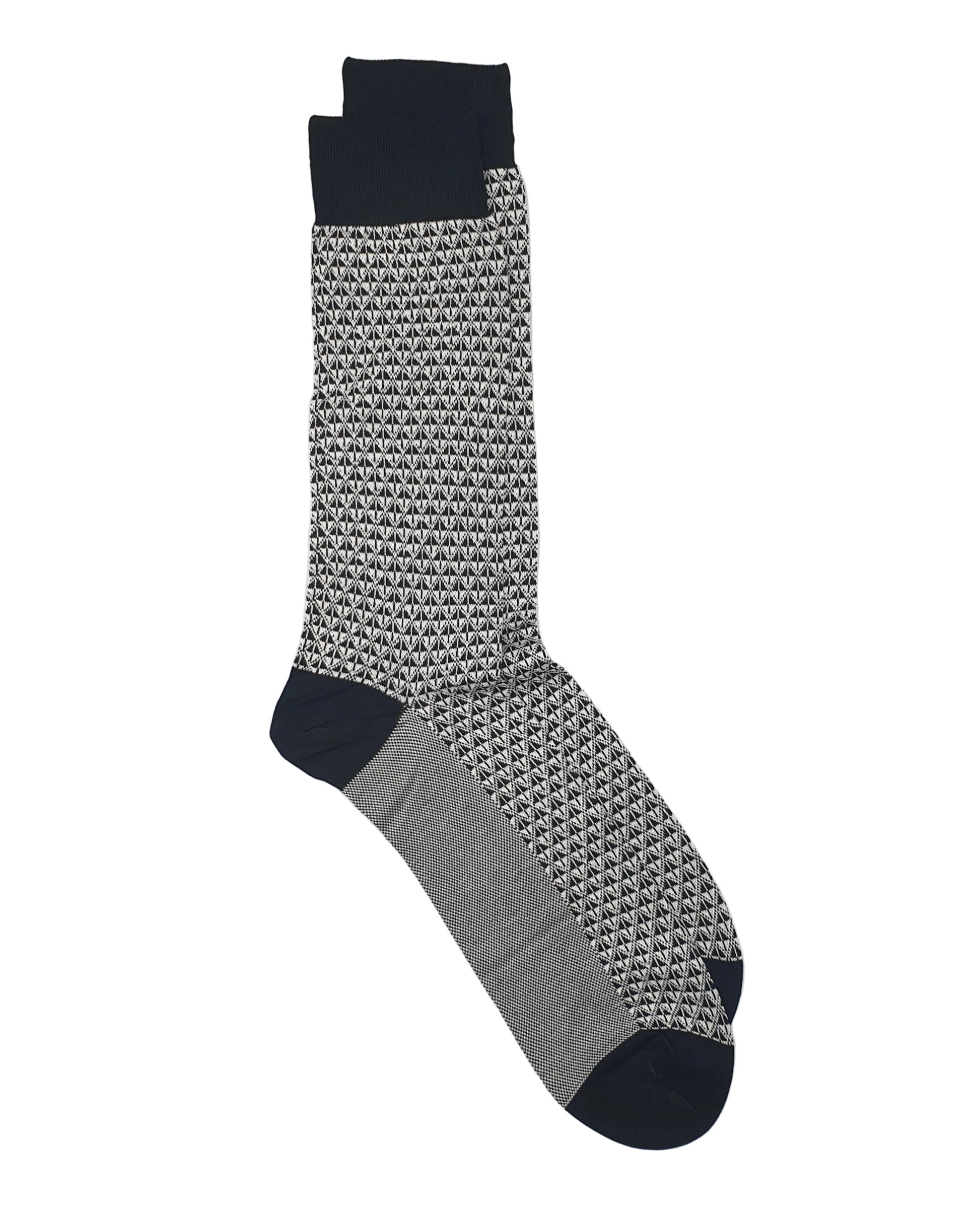 A premium cotton Jacquard sock with a black and white geometric pattern on the leg, a solid grey foot, and black toe, heel, and cuff sections, displayed against a light grey background.