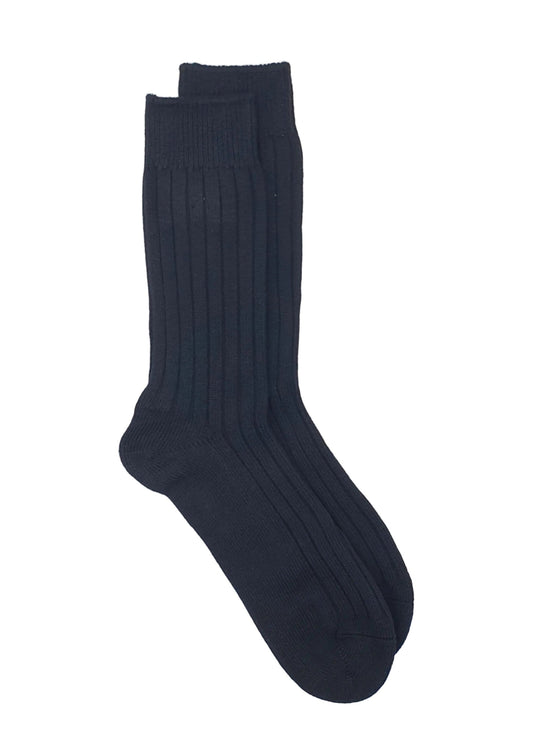 Black cotton rich ribbed socks on a white background.