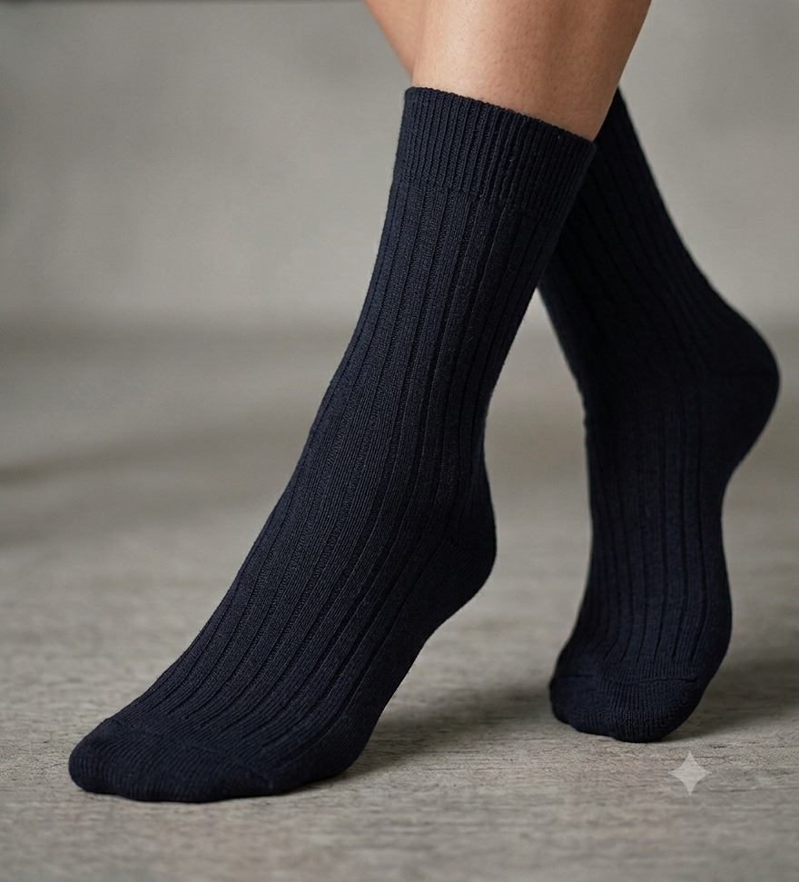 A pair of ribbed crew socks in black worn on a person's feet against a neutral gray background.
