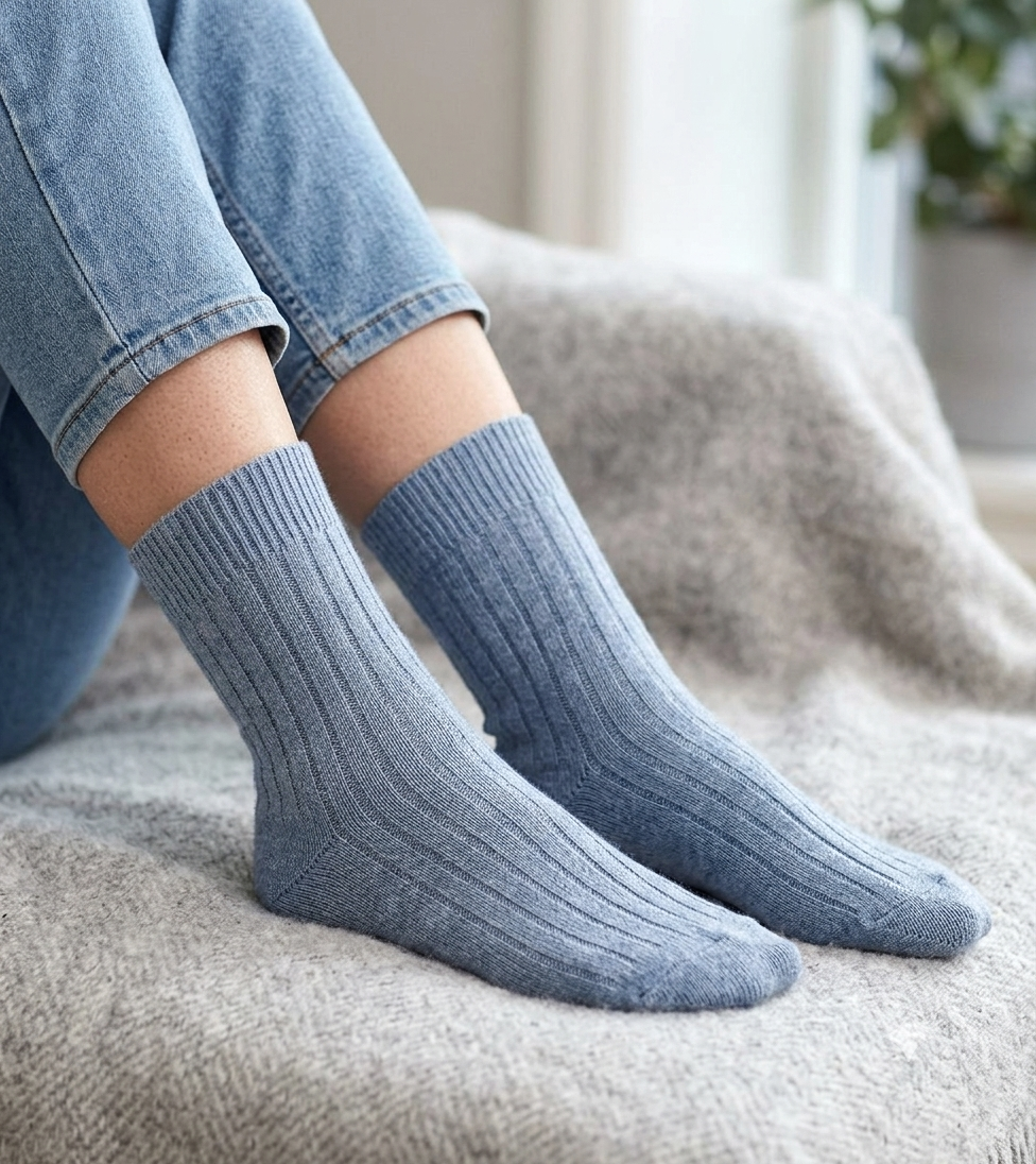 A model wearing ribbed blue cotton and cashmere socks.