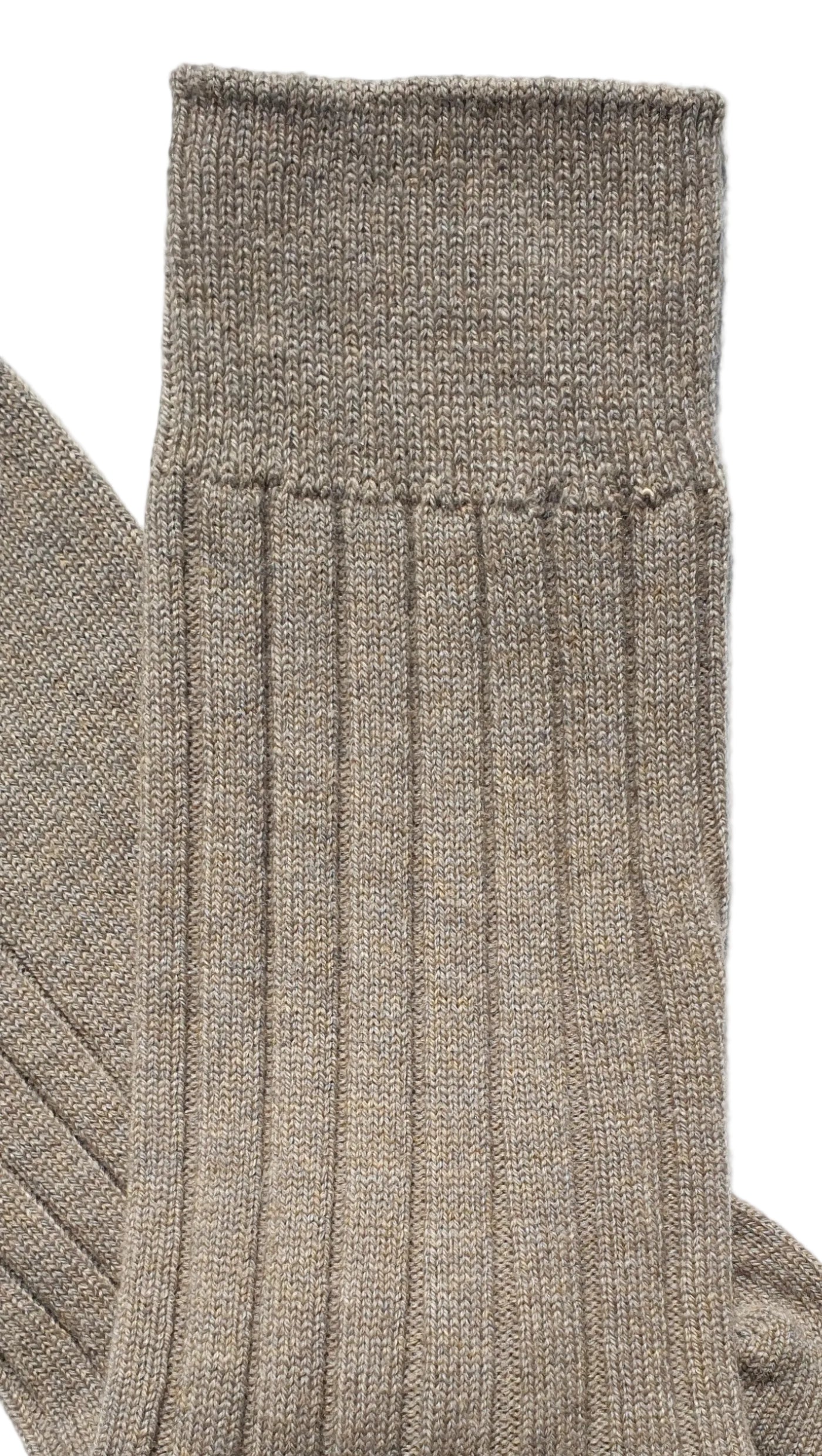 Close up of ribbed cashmere and wool  Taupe sock