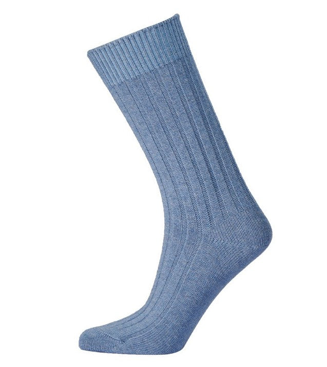 Blue cotton and cashmere sock on a white background