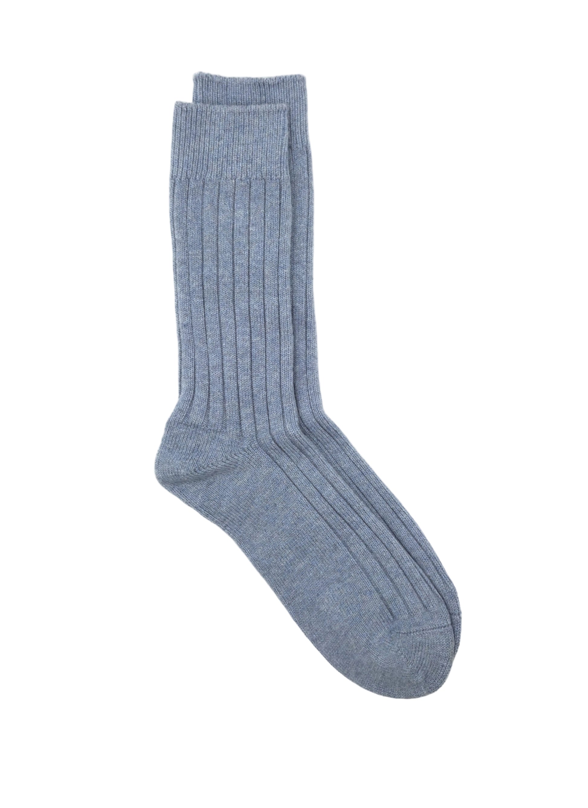 A pair of heathered blue ribbed cotton and cashmere crew socks displayed against a plain white background.