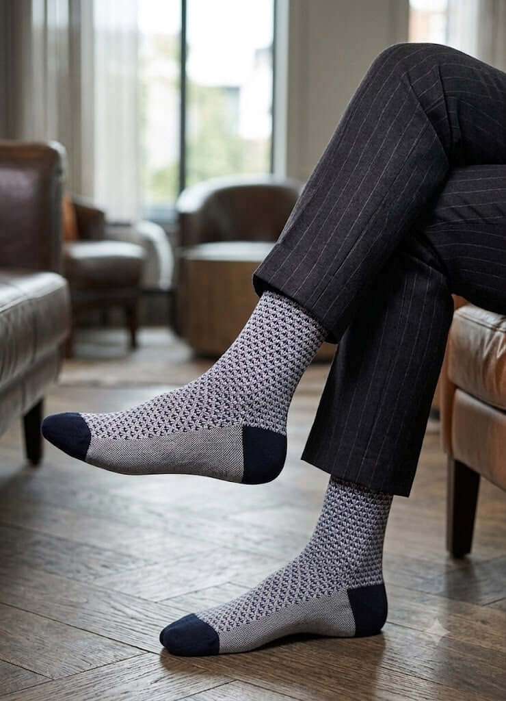 A man wearing Diamond Jacquard Blue And Black Socks.