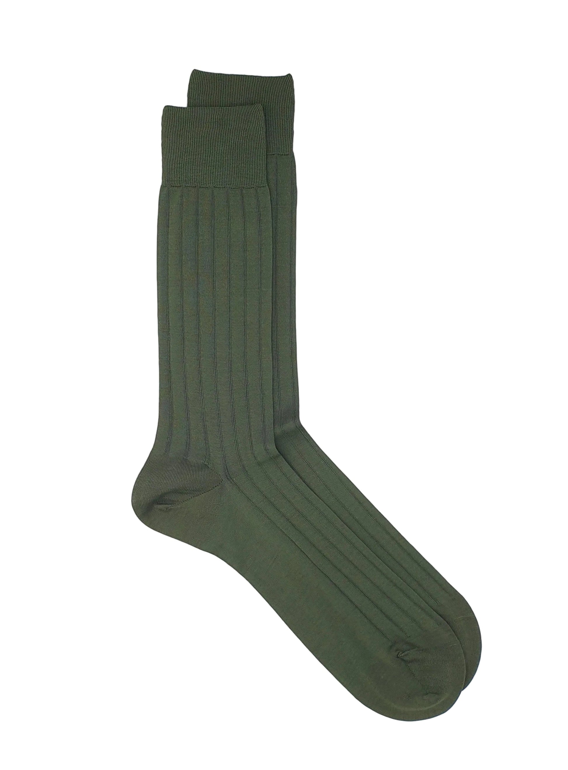 A pair of army green mercerized egyptian cotton socks on a white background
