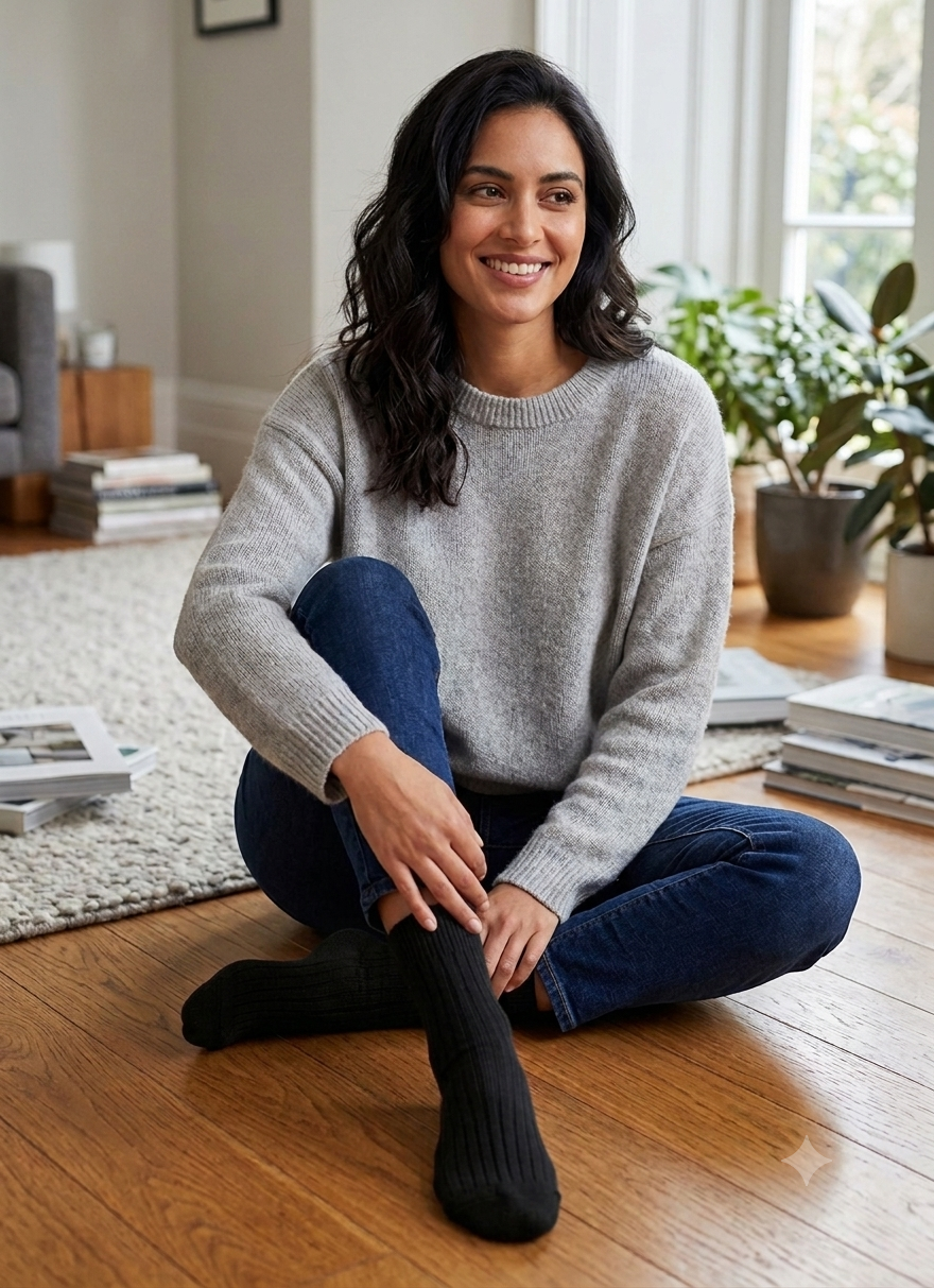 A woman sitting on a wooden floor in a cozy living room setting, wearing black cotton and cashmere ribbed socks.
